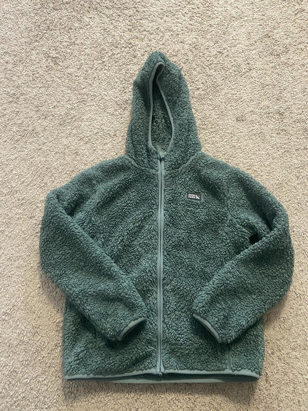 Eddie Bauer Jacket Youth Small 7/8 Green Sherpa Fleece Hooded Full Zip Winter